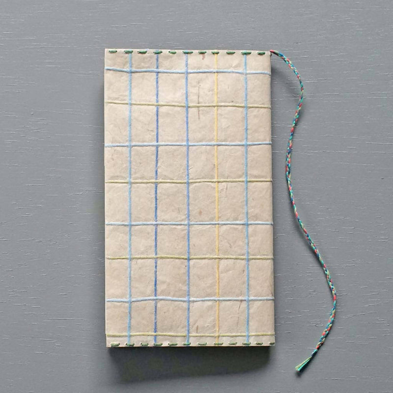 【手漉き和紙 FUURO paper】新書ブックカバー(しおり付き)　チェック柄「みずいろ」_手漉き和紙