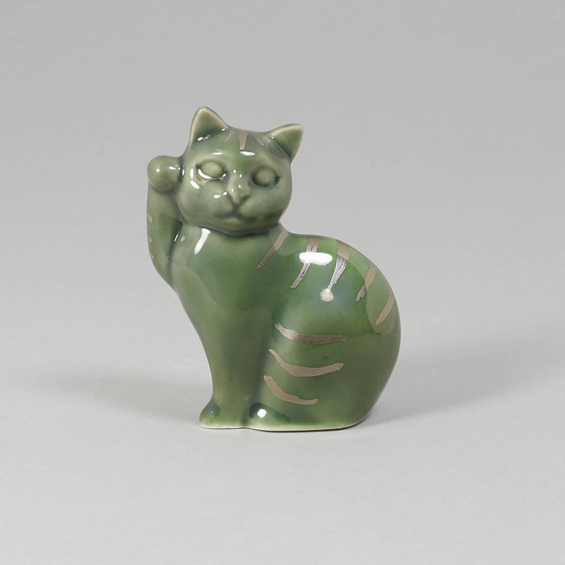 【atoa design】招き猫　緑色　シマ（プラチナ彩）_益子焼