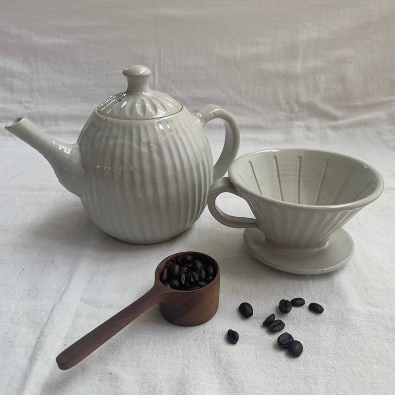 【石川譲】コーヒーポット＆ドリッパー（白しのぎ）_益子焼