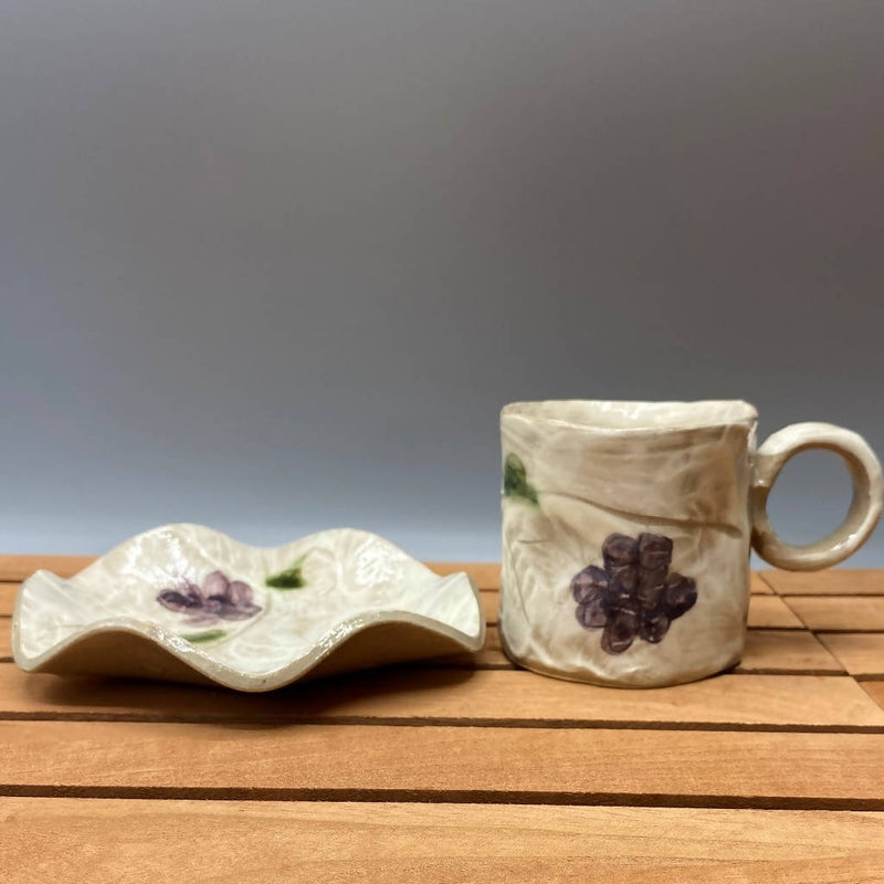 【川北窯】「セット」手びねりコーヒーカップ&ソーサー(ぶどう)_益子焼